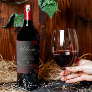 Elegant Custom Black and Red Floral Gothic Wedding Wine Label