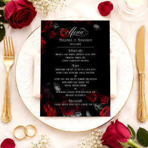 Elegant Custom Black and Red Floral Wedding Menu