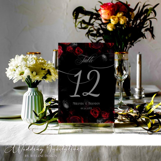 Elegant Custom Black and Red Floral Wedding Table Number (Creator Uploaded)