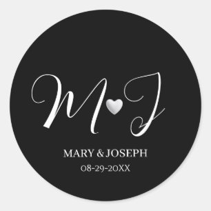 Elegant Custom Black And White Wedding Monogram  Classic Round Sticker
