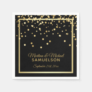 Elegant Custom Black Gold Confetti Wedding Napkin