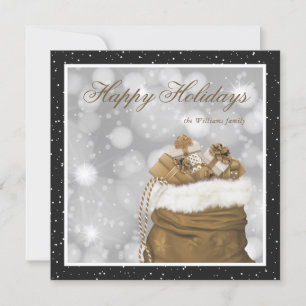 Elegant Custom Black Gold Snow Happy Holiday Cards