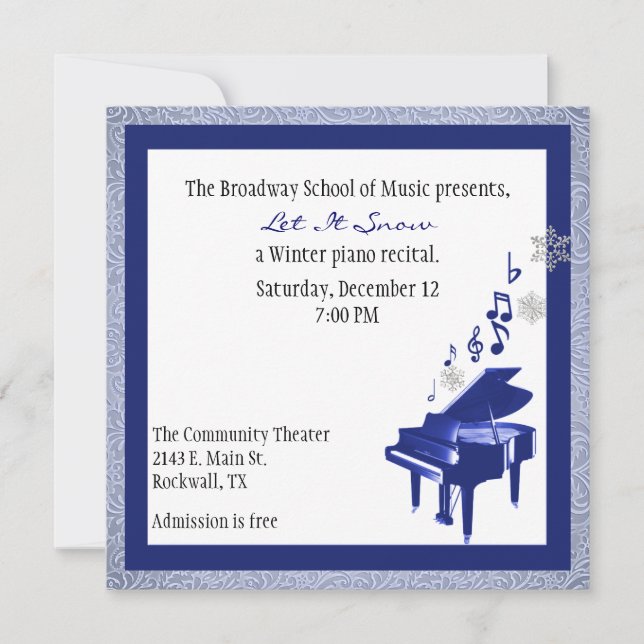 Elegant Custom Blue Piano Recital Invitation (Front)