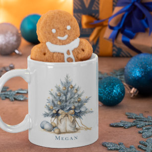Elegant Custom Christmas Tree Gold Blue Watercolor Coffee Mug
