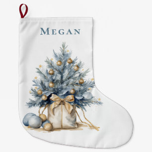 Elegant Custom Christmas Tree Gold Blue Watercolor Large Christmas Stocking