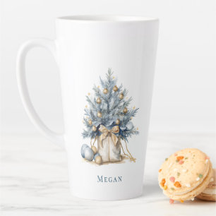 Elegant Custom Christmas Tree Gold Blue Watercolor Latte Mug