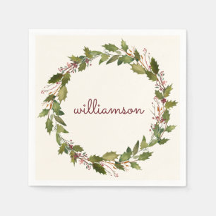 Elegant Custom Christmas Wreath Vintage Script Napkin