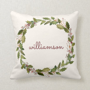 Elegant Custom Christmas Wreath Vintage Script Throw Pillow
