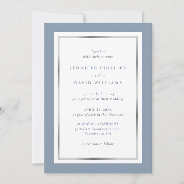 Elegant Custom Dusty Blue and Silver Wedding Invitation (Front)