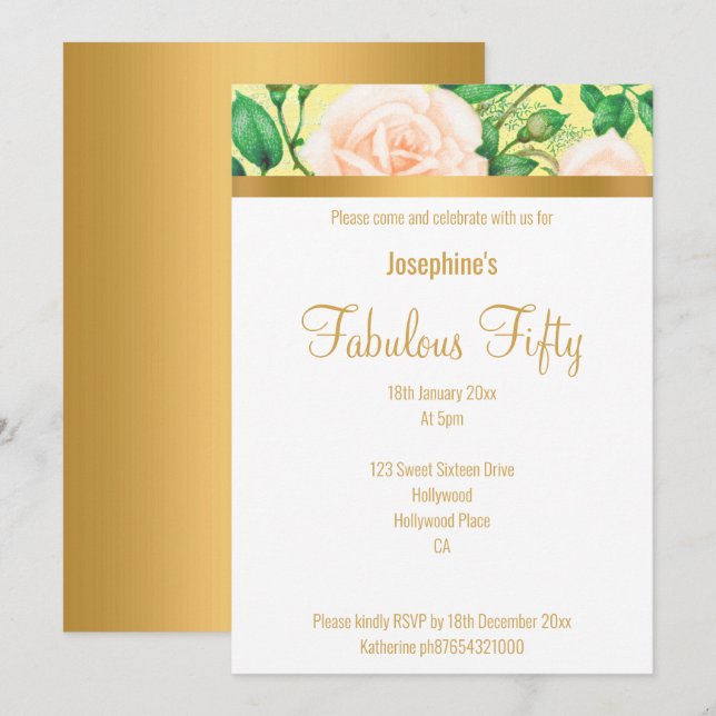 ELEGANT CUSTOM FABULOUS AT 50 LEMON YELLOW FLORAL INVITATION (Front/Back)