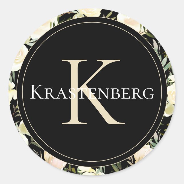 Elegant Custom Family Monogram Name Black Cream Classic Round Sticker (Front)
