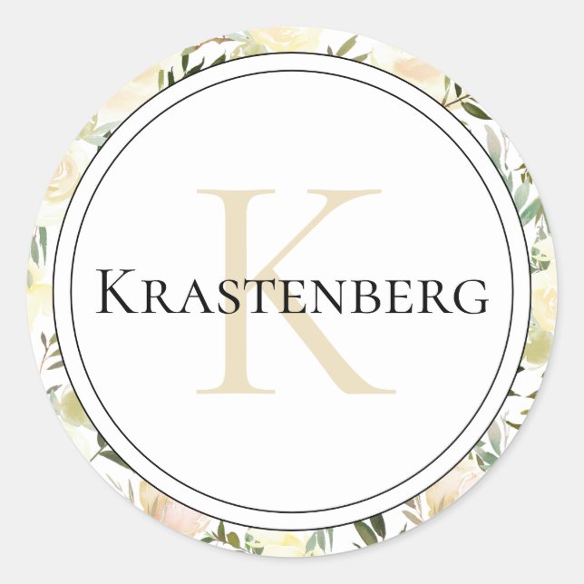 Elegant Custom Family Monogram Name on Cream Roses Classic Round Sticker (Front)