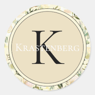 Elegant Custom Family Name Monogram Cream Roses Classic Round Sticker