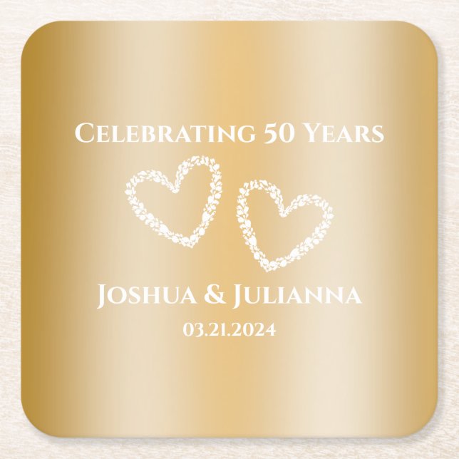 Elegant Custom Faux Gold 50th Wedding Anniversary Square Paper Coaster (Front)