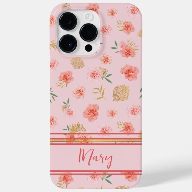 Elegant Custom Feminine Pink Blossoms with Stripes Case-Mate iPhone Case (Back)