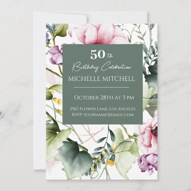 Elegant Custom Floral 50th Birthday    Invitation (Front)
