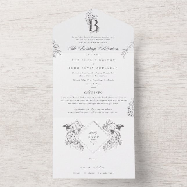 Elegant Custom Floral Monogram Organic Botanical All In One Invitation (Inside)
