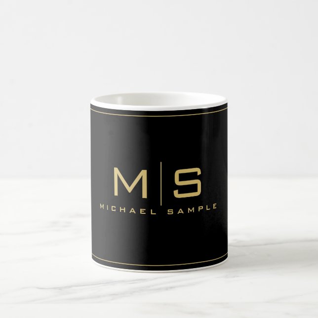 Elegant Custom Gold Name Monogram Black Coffee Mug (Center)