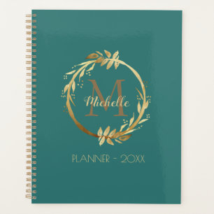 Elegant Custom Gold Wreath Monogram Teal Planner