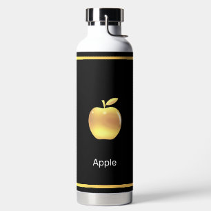 Elegant Custom Golden Apple Image & Text on Black Water Bottle