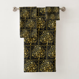 Elegant Custom Golden Tree Pattern on Black Bath Towel Set