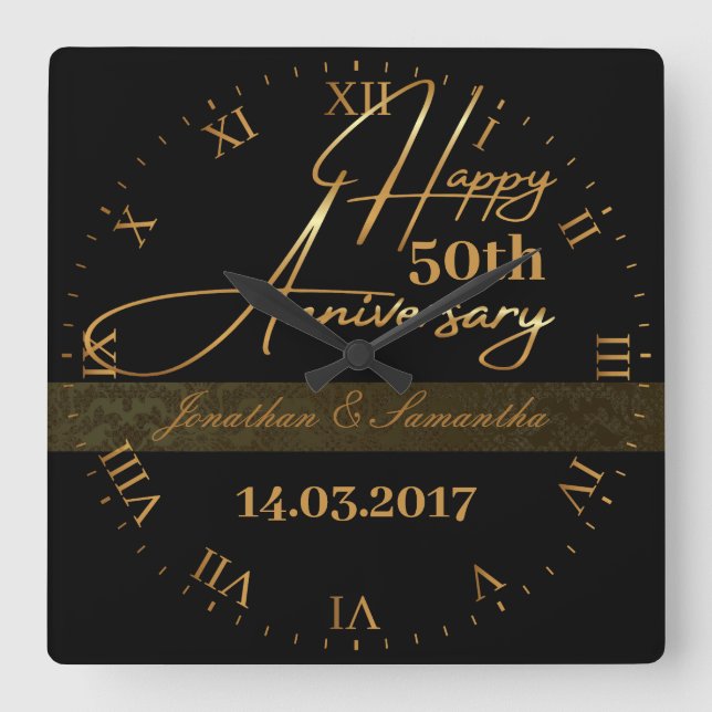 Elegant Custom Happy 50th Anniversary  Square Wall Clock (Front)