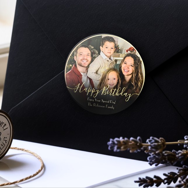 Elegant Custom Happy Birthday Add Your Own Photo Classic Round Sticker (Creator Uploaded)