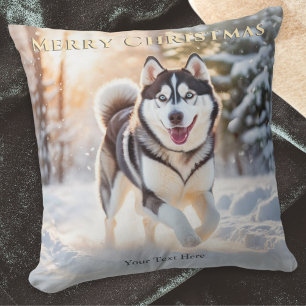 Elegant Custom Husky Dog In Snow Merry Christmas Throw Pillow