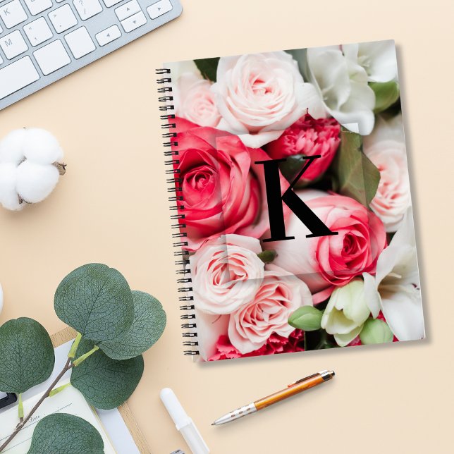 Elegant Custom Initial Letter K Roses Monogram  Notebook (Creator Uploaded)