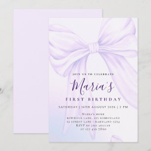 Elegant Custom Lavender Bow First Birthday Invitation