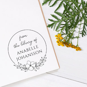 Elegant Custom Library Book Flowery Wreath Rubber Stamp