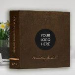 Elegant custom logo modern script name leather binder<br><div class="desc">Stylish chic logo personalized office or school work organizer binder featuring a faux gold copper metallic square and dividers over a stylish brown faux leather look (PRINTED) background.                Suitable for small business,  home office,  corporate or independent business professionals,  school,  personal branding,  portfolios or stylists,  managers,  teachers,  students.</div>