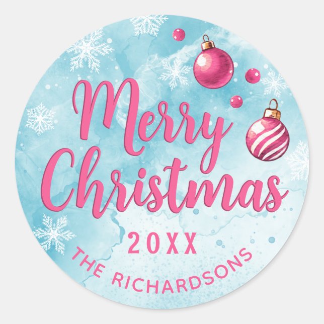 Elegant Custom Merry Christmas Blue and Pink Classic Round Sticker (Front)