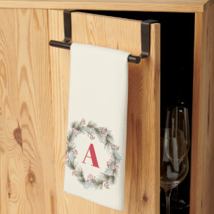 Elegant Custom Monogram Christmas Wreath Kitchen Towel