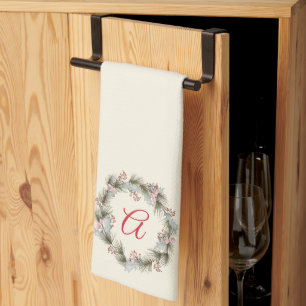 Elegant Custom Monogram Christmas Wreath Kitchen Towel