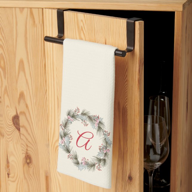 Elegant Custom Monogram Christmas Wreath  Kitchen Towel (Thirds Fold)