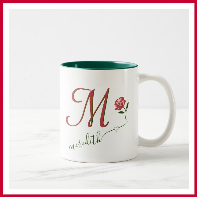 Elegant Custom Monogram Floral Heart Name   Two-Tone Coffee Mug (Creator Uploaded)