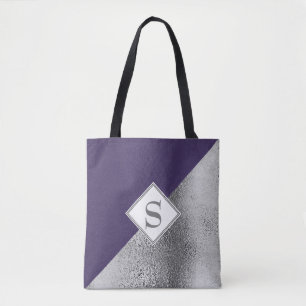 Elegant Custom Monogram Metallic Purple Silver Tote Bag