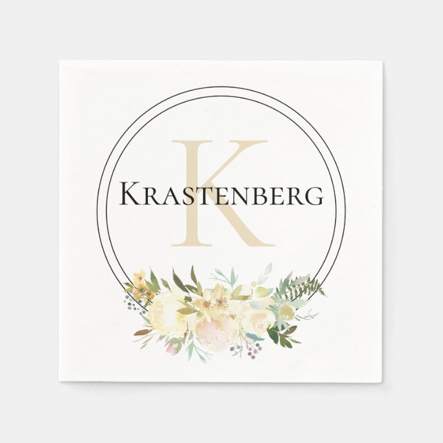 Elegant Custom Monogram Name White Roses Napkin (Front)