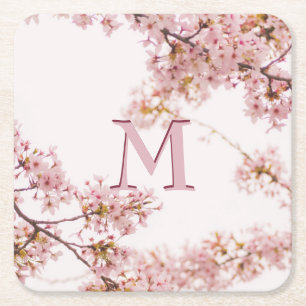 Elegant Custom Monogram Pink Square Paper Coaster