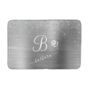 Elegant Custom Monogram Silver Sparkle Bath Mat