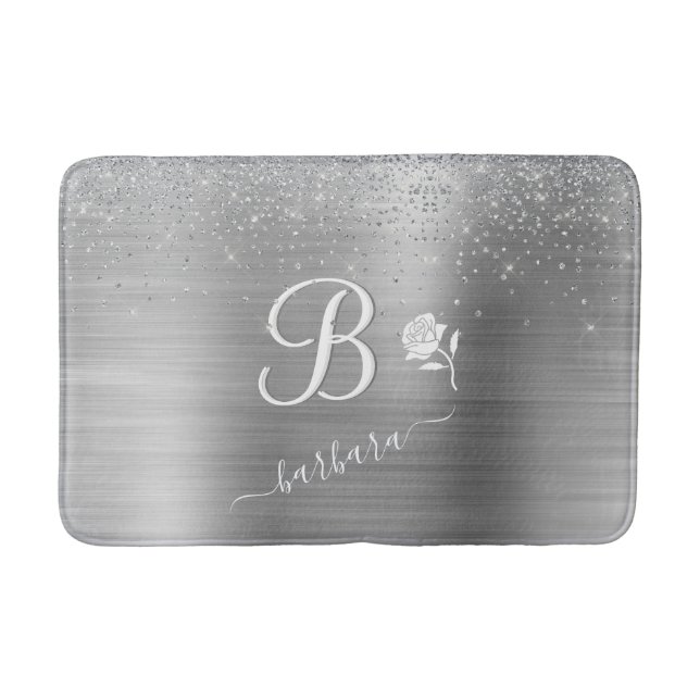 Elegant Custom Monogram Silver Sparkle   Bath Mat (Front)