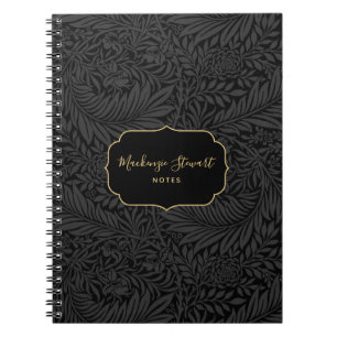Elegant Custom Name Black Floral Pattern Notebook