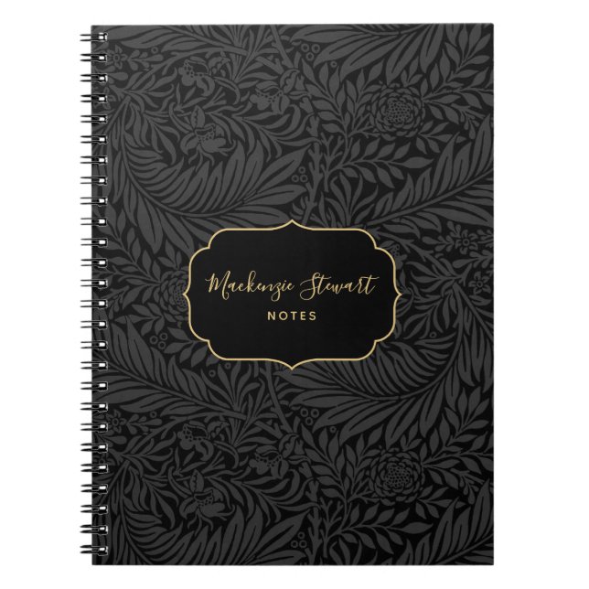 Elegant Custom Name Black Floral Pattern Notebook (Front)