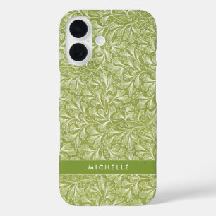 Elegant Custom Name Green Botanical iPhone 16 Case