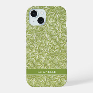 Elegant Custom Name Green Botanical iPhone 15 Case