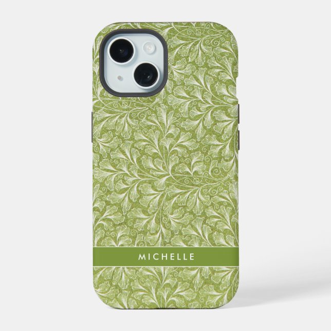 Elegant Custom Name Green Botanical iPhone 15 Case (Back)