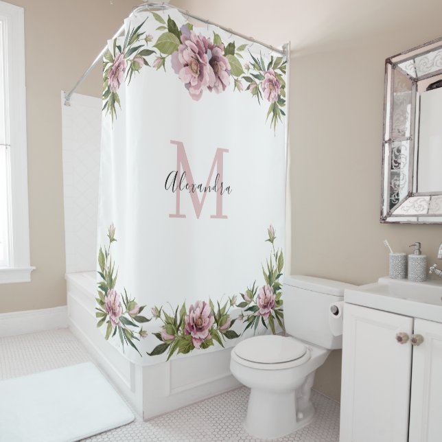 Elegant custom name monogram pink floral peonies (In Situ)