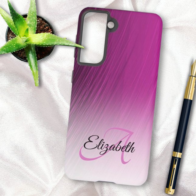 Elegant Custom Name Monogram Purple Ombre Streaks Samsung Galaxy S21 Case (This personalized purple streak phone case style is also available on iPhone style covers. Gift idea)