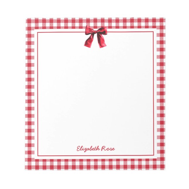 Elegant Custom Name Red Plaid Coquette Bow Notepad (Front)